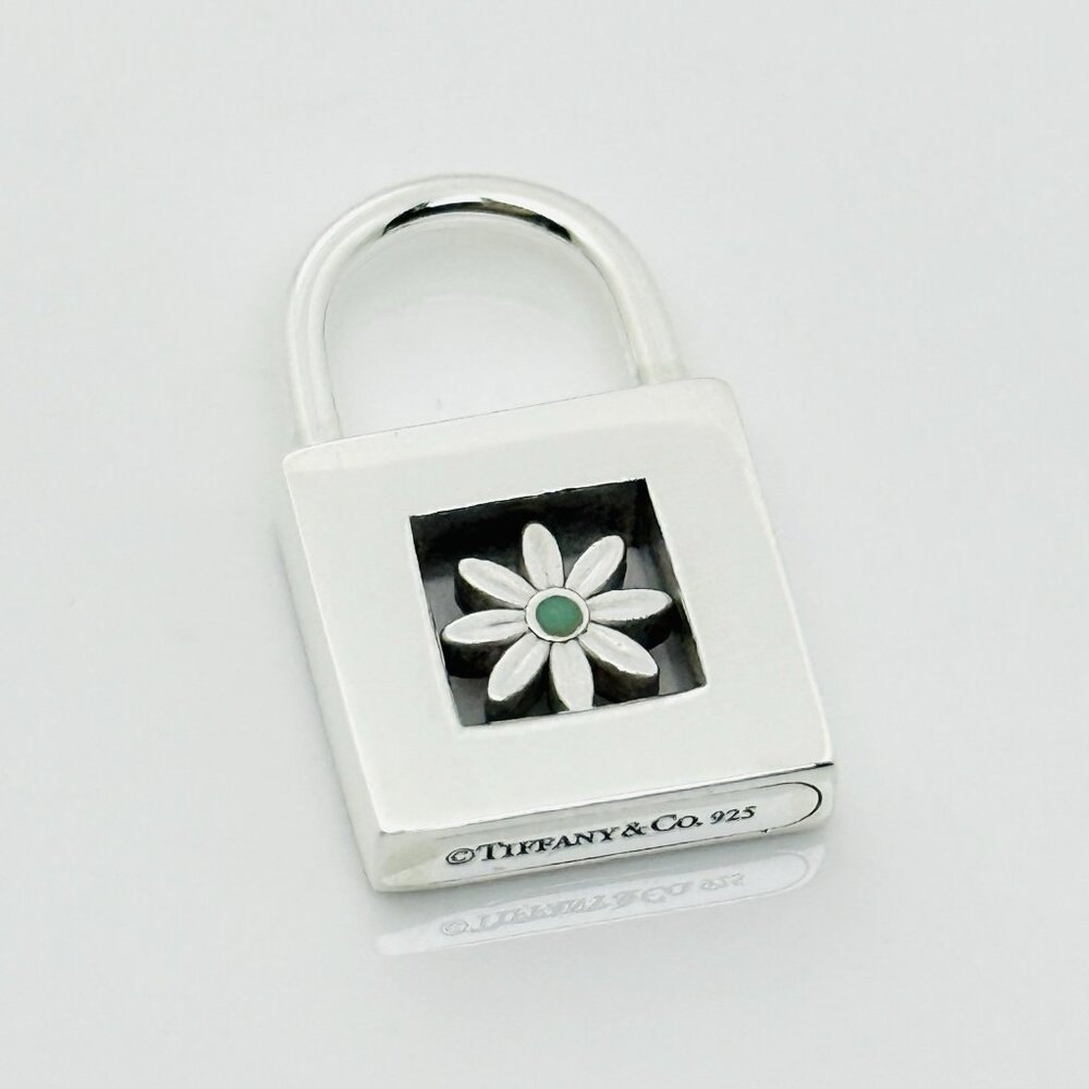 Tiffany Blue Enamel Daisy Flower Padlock Lock Charm Pendant in Sterling Silver